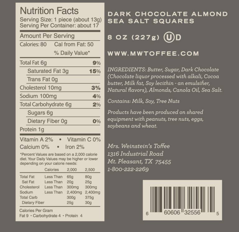 8oz Dark Chocolate Almond Sea Salt Toffee Squares