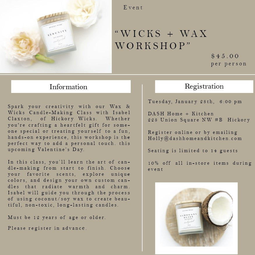 Wicks + Wax Workshop - Tuesday, January 28, 2025, 6:00 pm