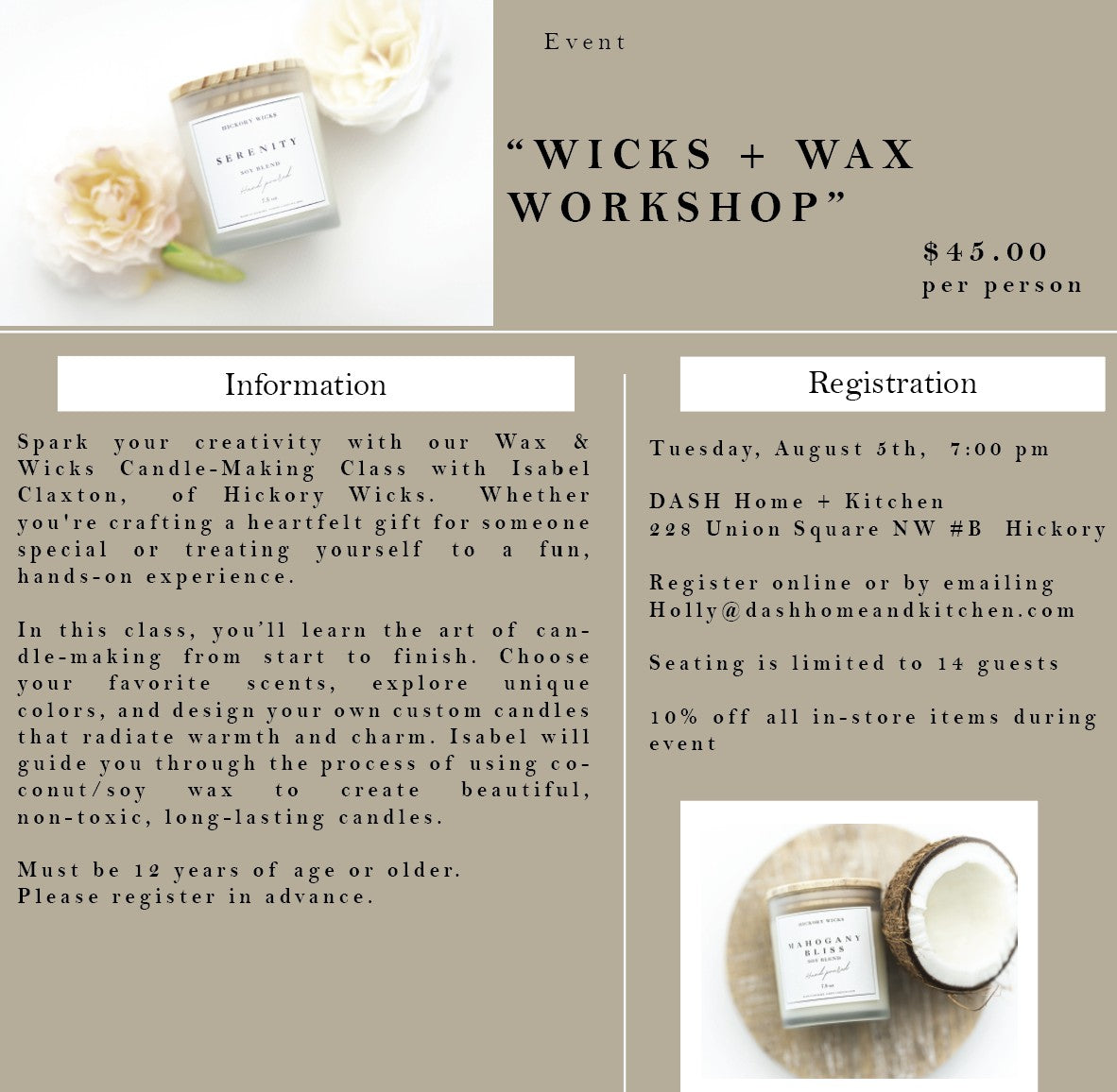 Wicks + Wax Workshop - Tuesday, August 5, 2025, 7:00 pm