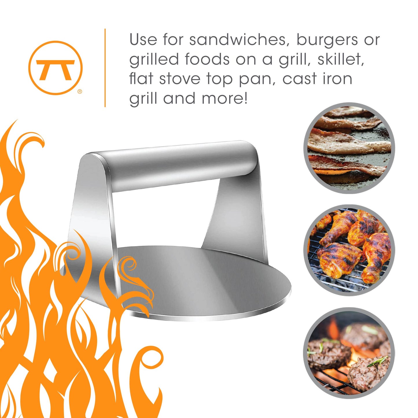 Outset Stainless Steel Burger Smasher, 5.7” x 6” x 3.15”