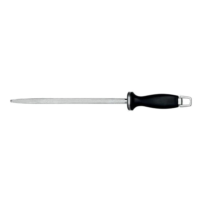 A 12-inch sharpening steel with a black handle and a stainless steel sharpening rod.