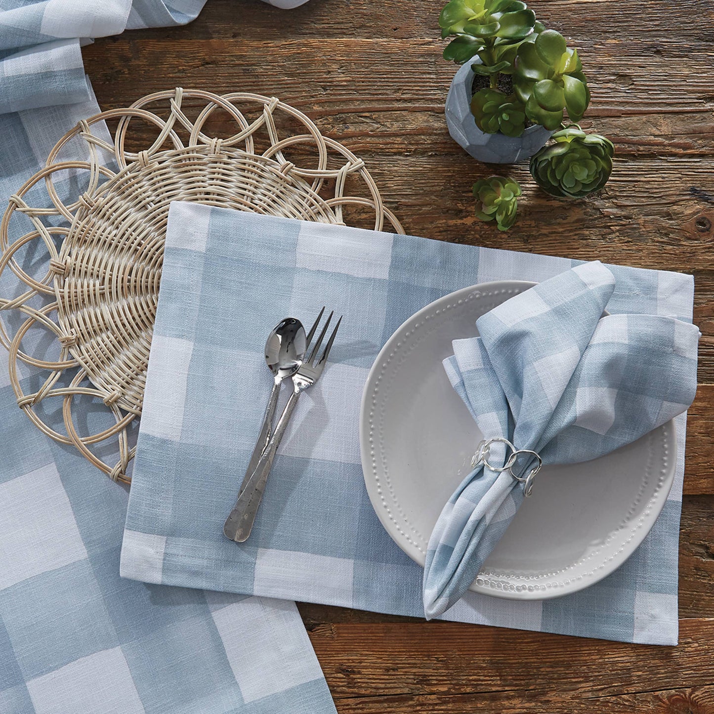 Serviette de table à carreaux façon aquarelle - Brume bleue (lot de 4)