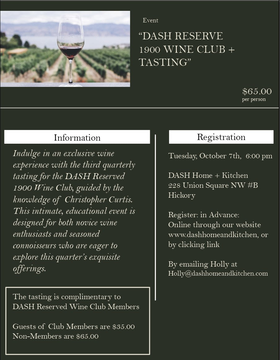 DASH Reserved Wine Tasting, Tuesday, October 7th, 2025, 6:00 pm
