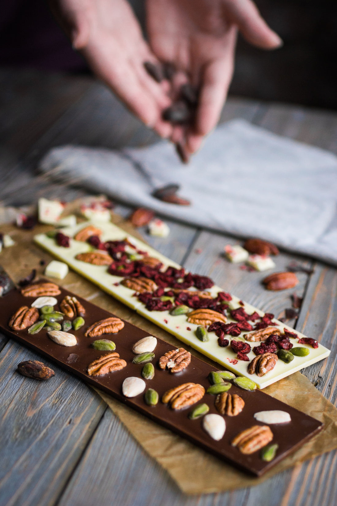 dark chocolate, white chocolate, pecans, pistachios