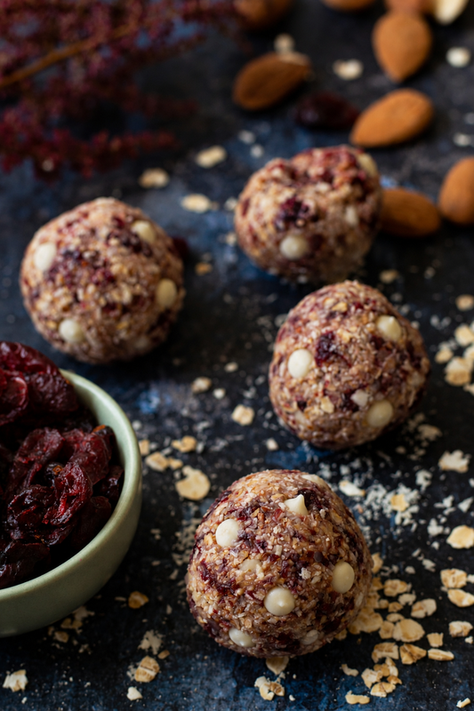 cranberry peanut butter, almond butter, orange, white chocolate balls