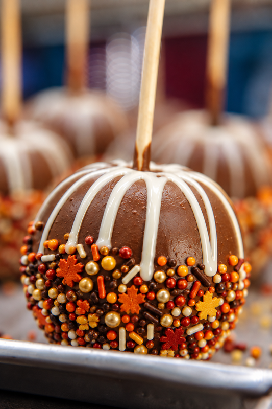 chocolate covered apple, white chocolate drizzle, fall autumn sprinkles