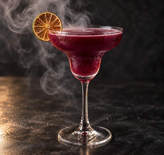 blackberry pomegranate mixer, lime wheel, vodka, smoked cocktail