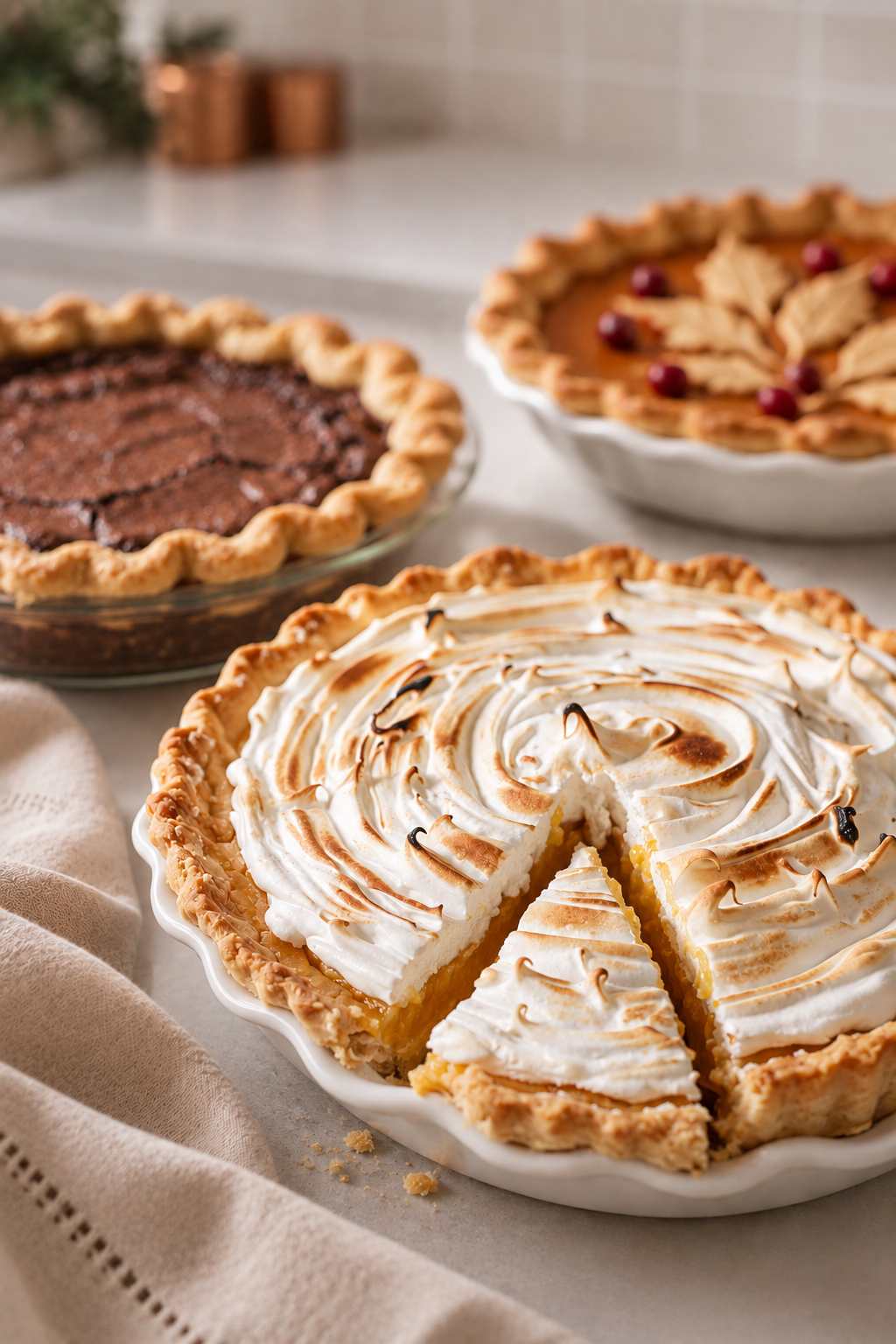 thanksgiving pies, chocolate chess, pumpkin with leaf cutouts and cranberries, sweet potato, meringue, bourbon