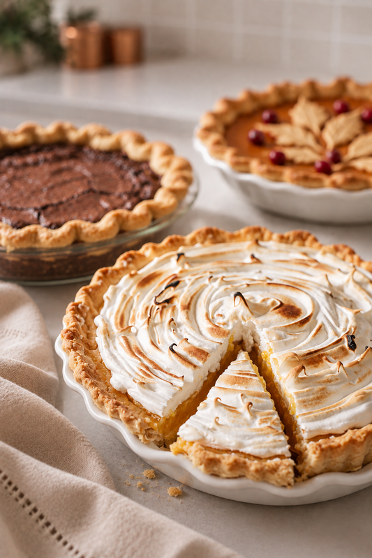 thanksgiving pies, chocolate chess, pumpkin with leaf cutouts and cranberries, sweet potato, meringue, bourbon