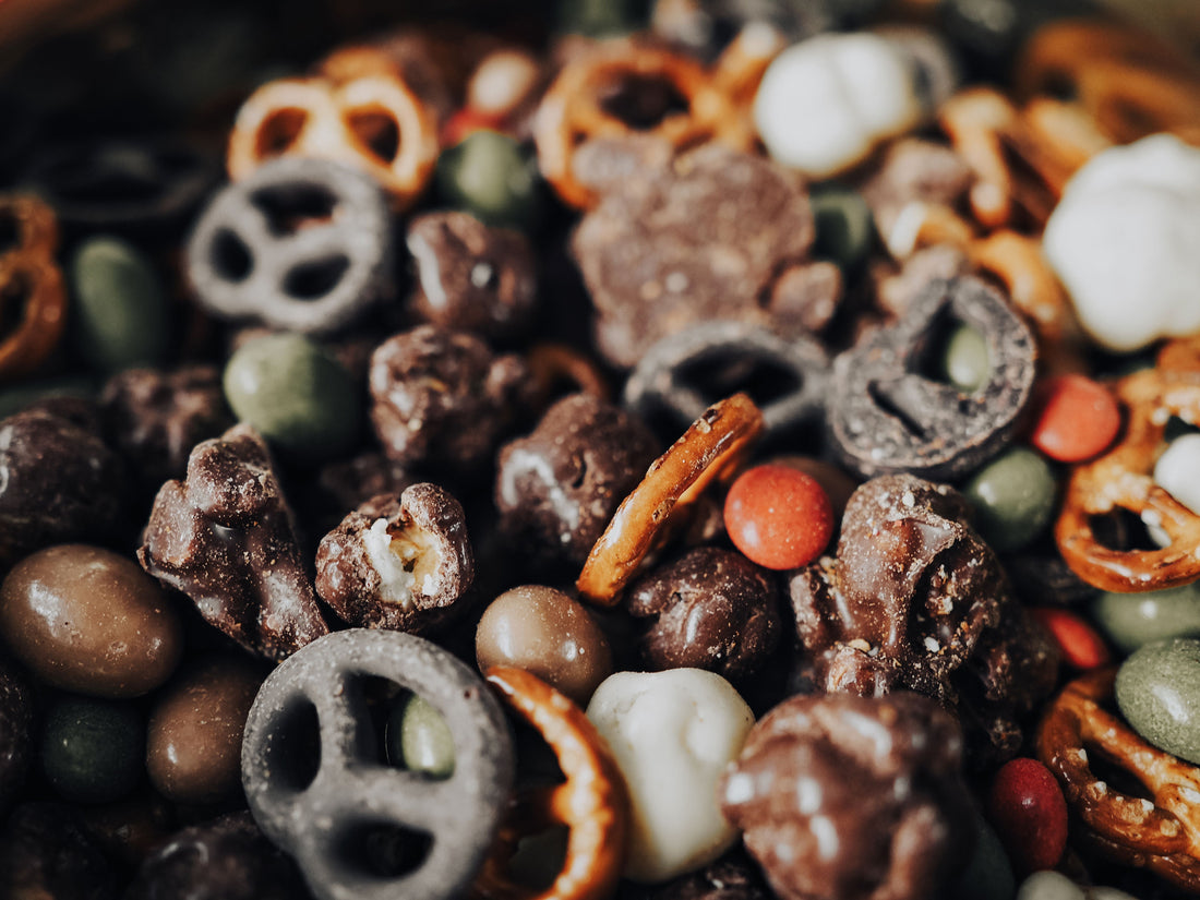 trail mix, chocolate covered pretzels, espresso beans, chocolate candies, fall colors