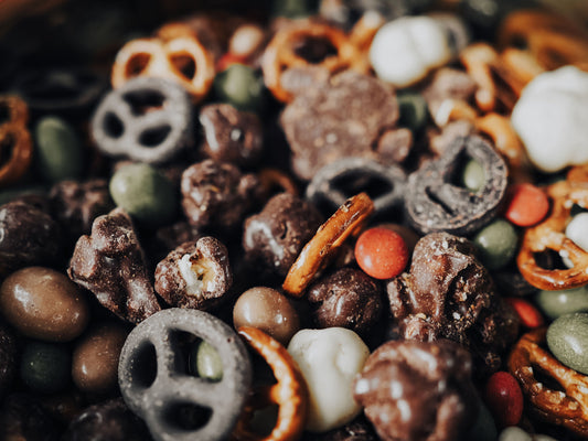 trail mix, chocolate covered pretzels, espresso beans, chocolate candies, fall colors