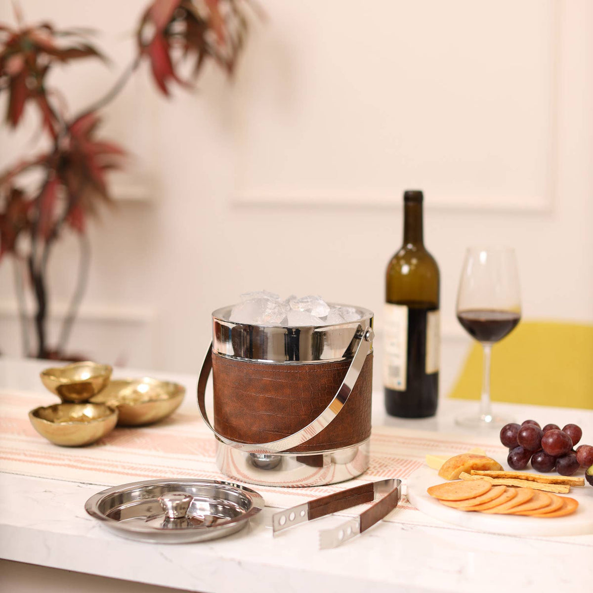 Stainless Steel Ice Bucket with Leather