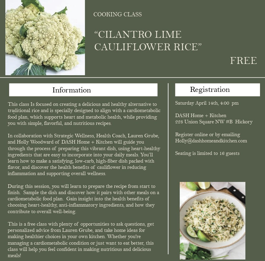 Cooking Series with Strategic Wellness.  Class 1:  Cilantro Lime Cauliflower Rice - Saturday, April 12, 2025