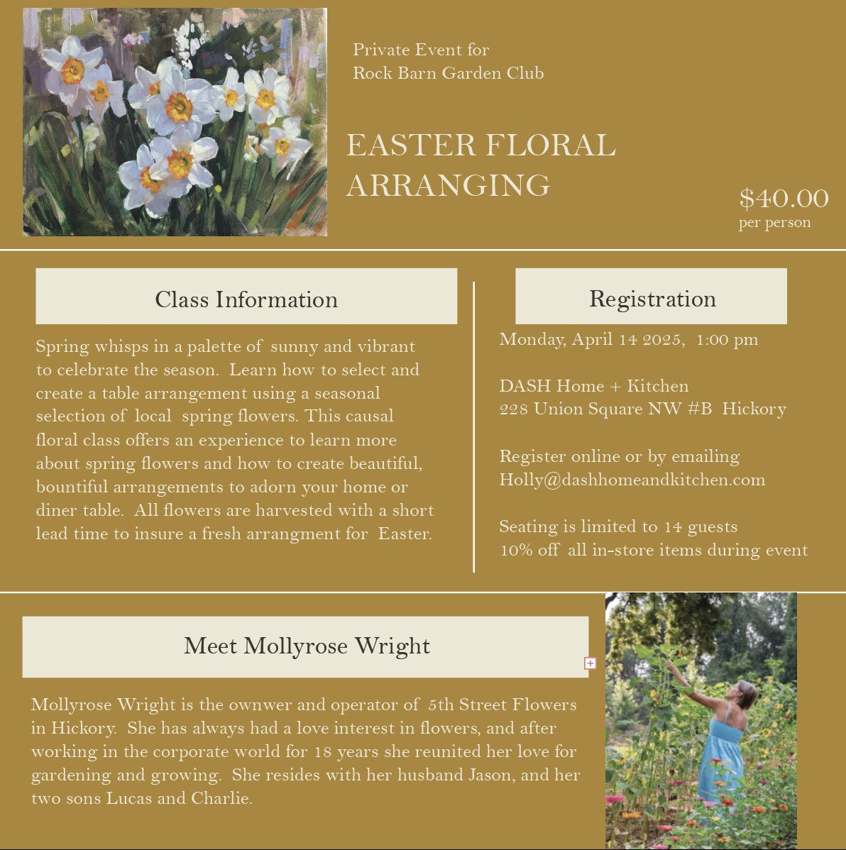 Rock Barn Garden Club - Easter Floral Arranging  - Monday, April 14th, 2025 - 1:00