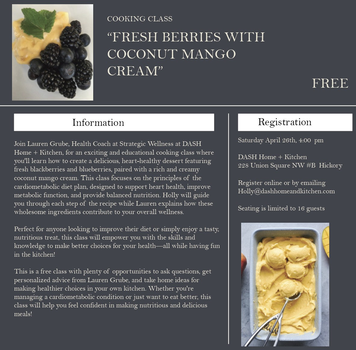 Cooking Series with Strategic Wellness.  Class 2:  Fresh Berries with Coconut Mango Cream - Saturday, April 26th, 4:00