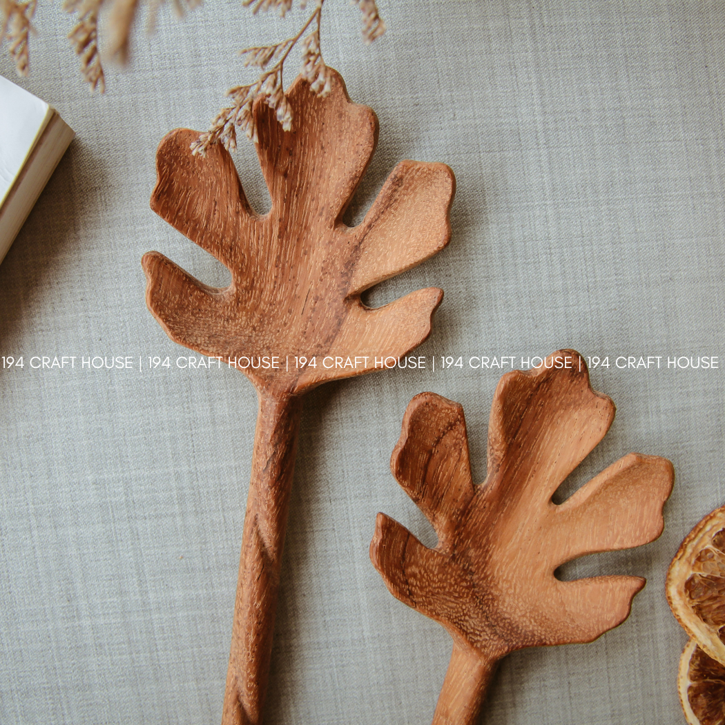 Hand Carved Leaf Shaped Wooden Spoon 10" - Serving Spoon