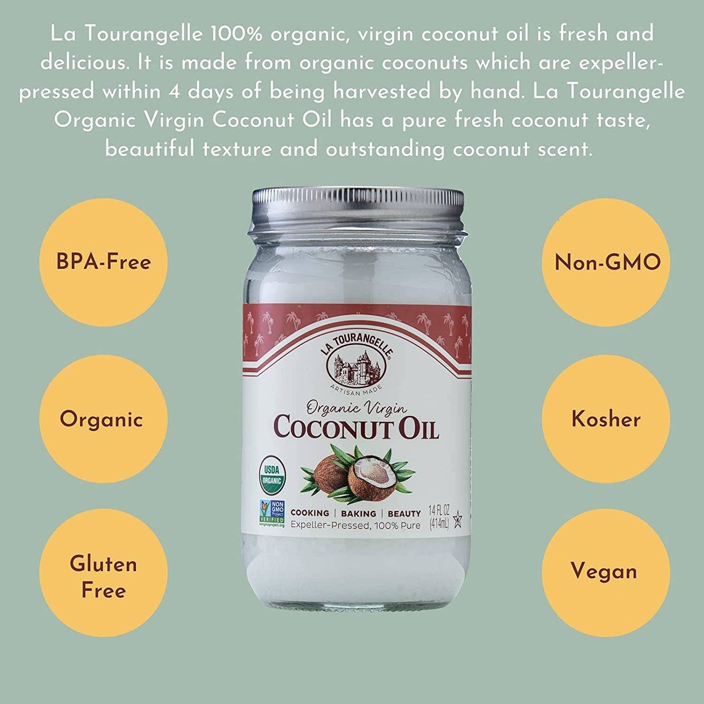 La Tourangelle Organic Virgin Unrefined Coconut Oil, 14Fl Oz