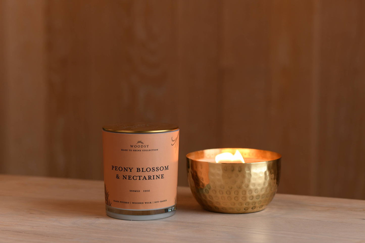 Peony Blossoms & Nectarine-Solid Brass 14oz Pure Soy Candle