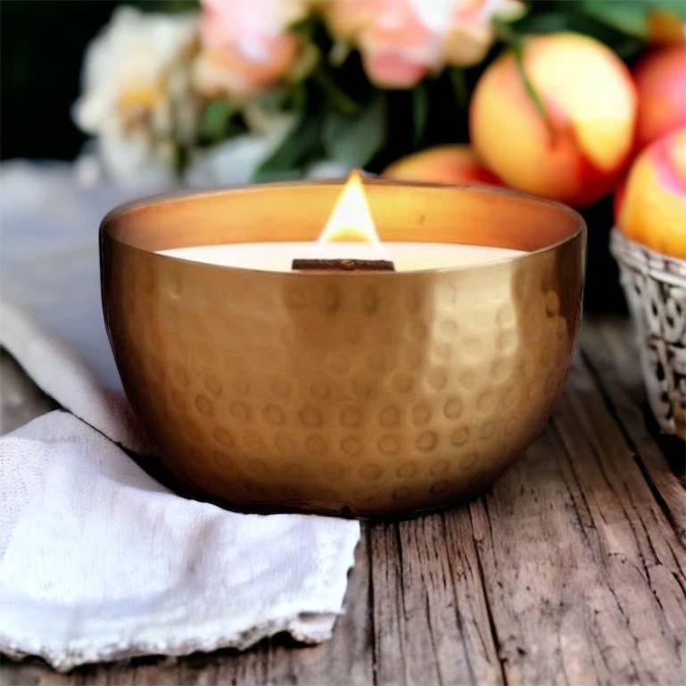 Peony Blossoms & Nectarine-Solid Brass 14oz Pure Soy Candle