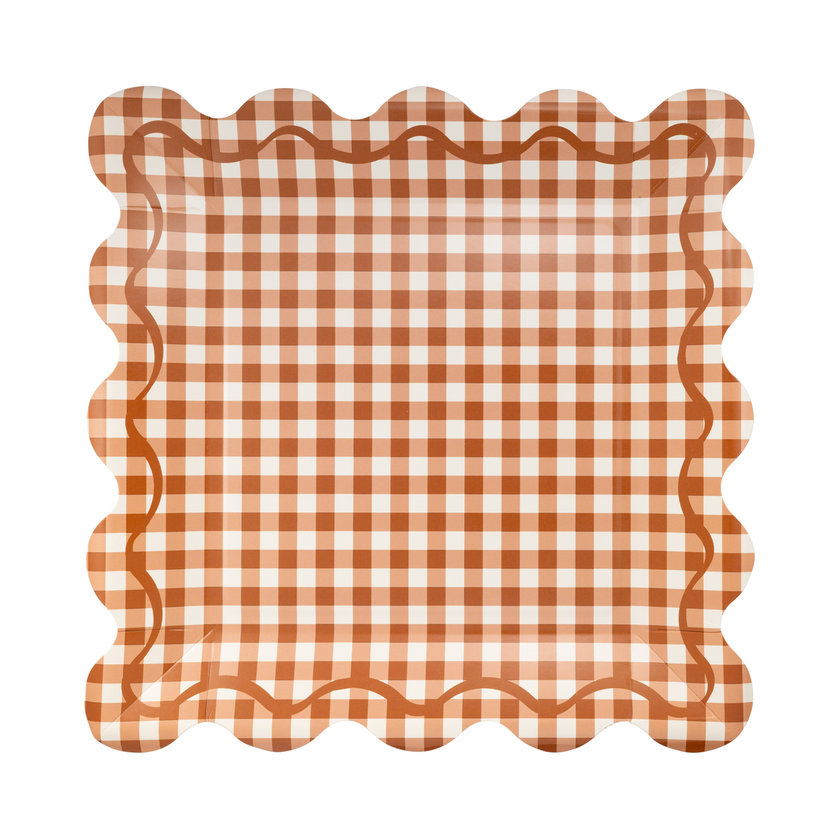 Rust Gingham Scalloped Square Paper Plates