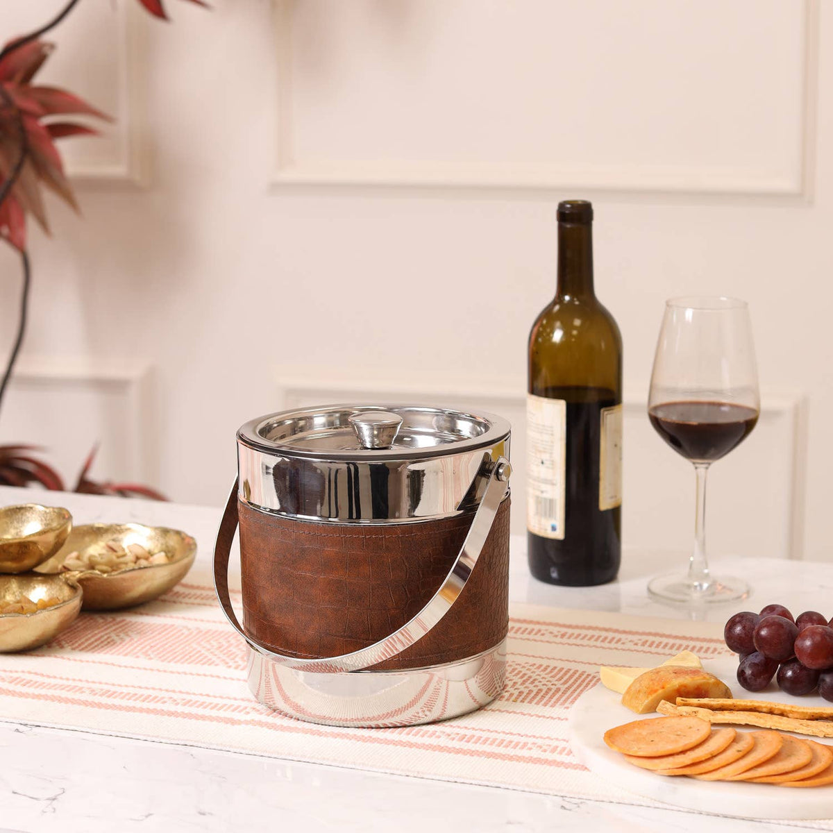Stainless Steel Ice Bucket with Leather