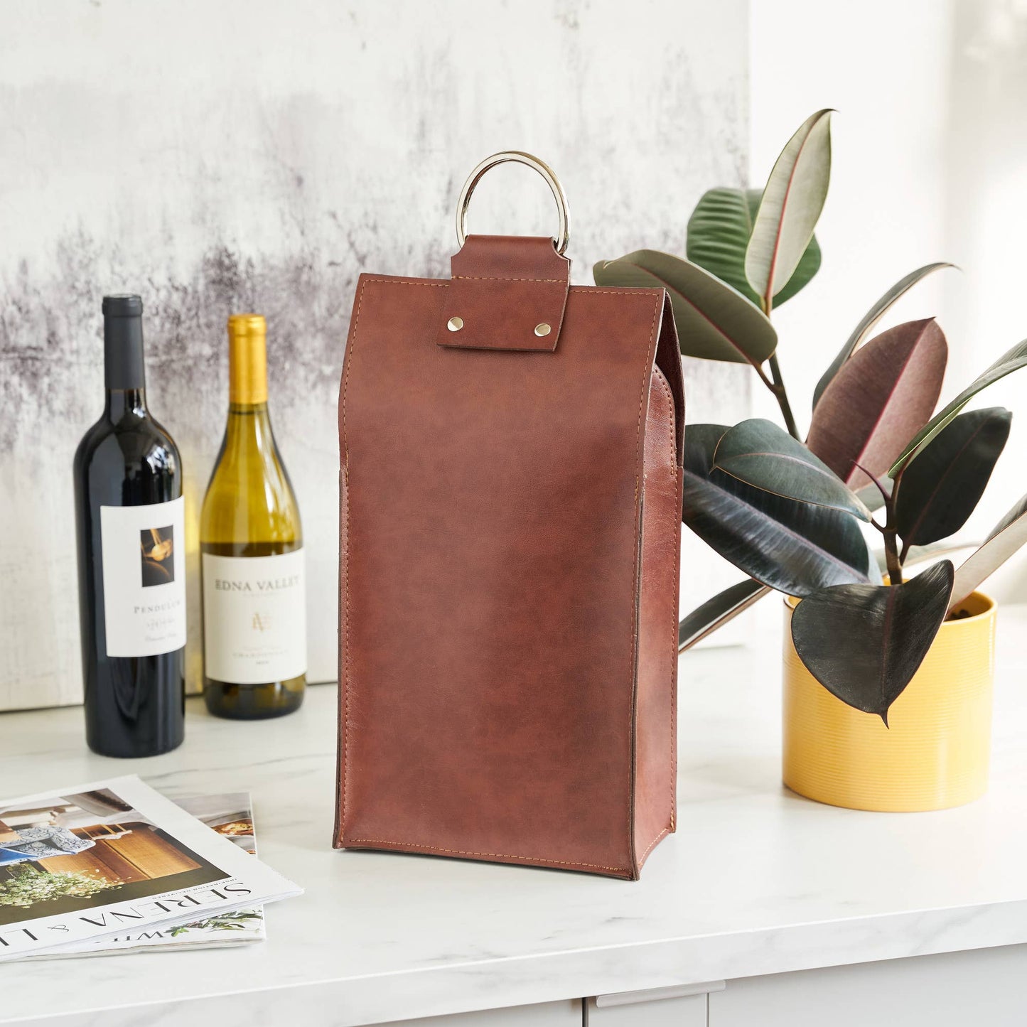 Faux Leather Double Bottle Brown Wine Tote