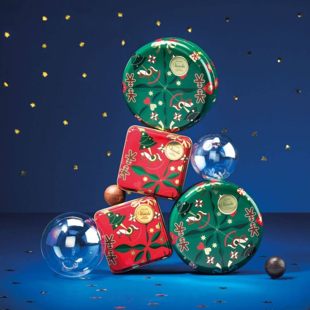 Small Round Metal Christmas Chocolate Tin - Holiday Gift Set