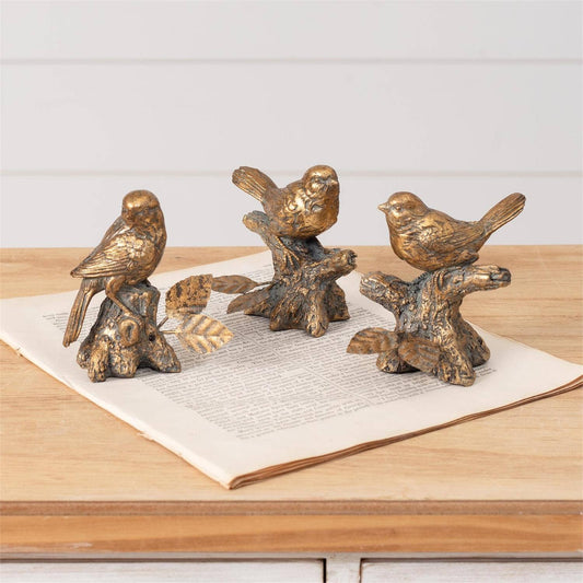 Antiqued Golden Bird Figurines - set of 3