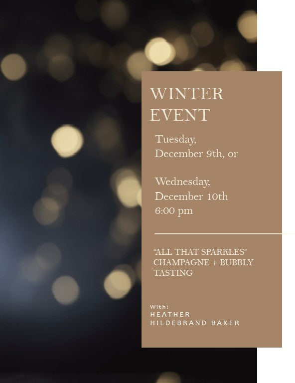 Winter event invitation with champagne and bubbly tasting details on a blurred lights background
