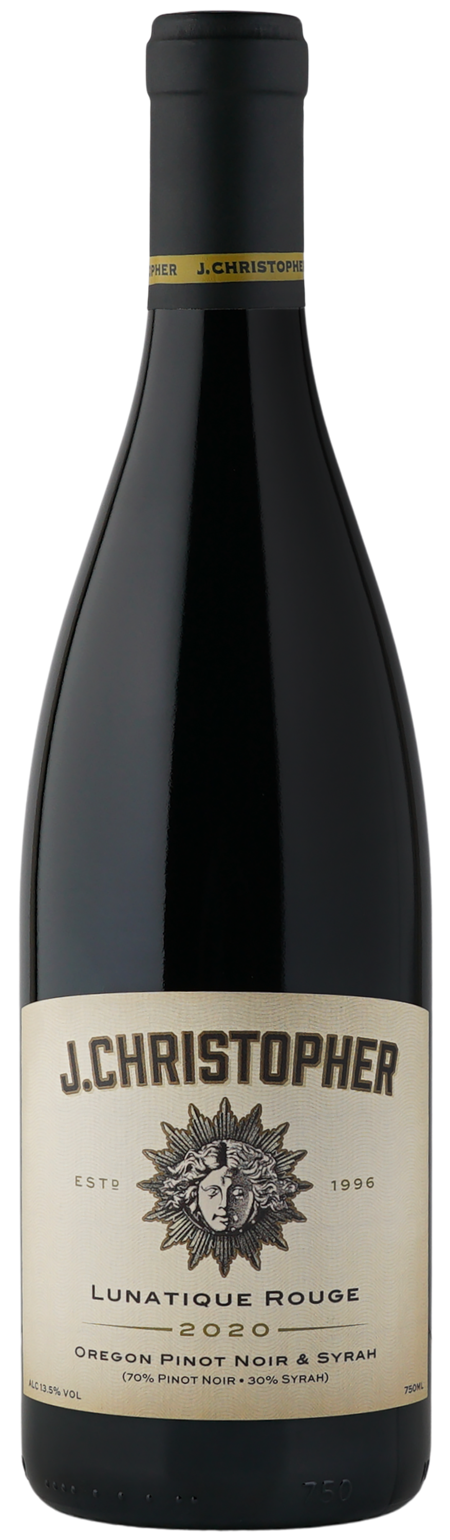 A bottle of J. Christopher Lunatique Rouge 2020 Oregon Pinot Noir & Syrah red wine, featuring a dark glass bottle with a cream-colored label and a black capsule.