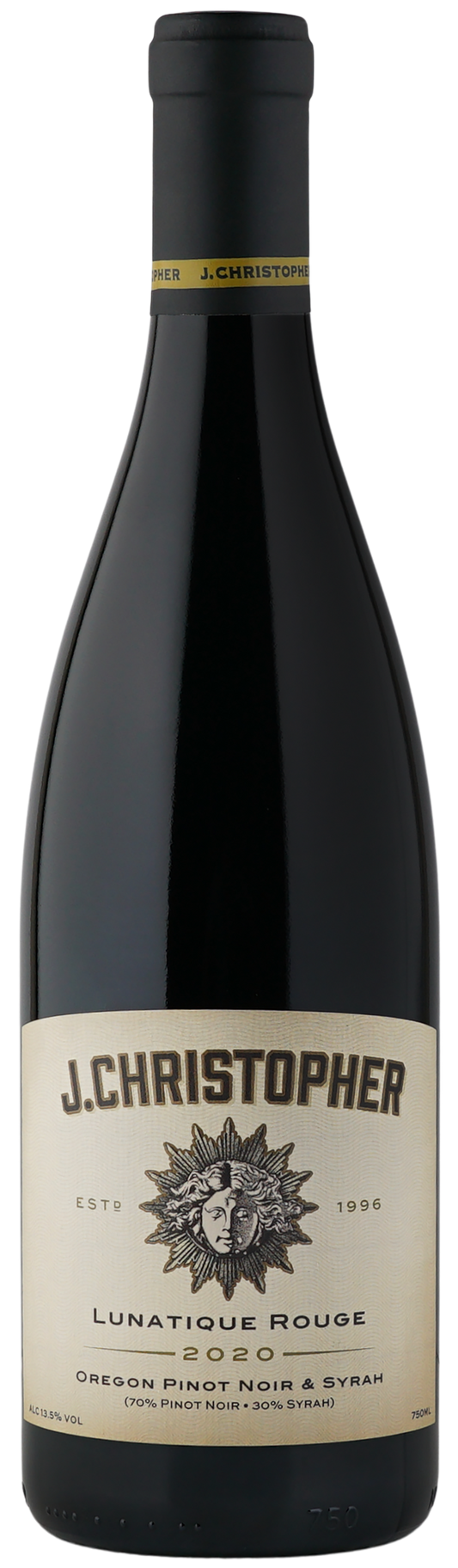 A bottle of J. Christopher Lunatique Rouge 2020 Oregon Pinot Noir & Syrah red wine, featuring a dark glass bottle with a cream-colored label and a black capsule.