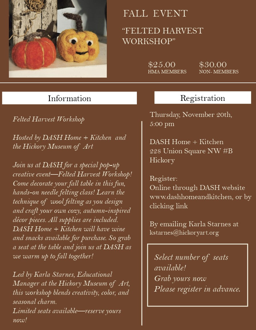 Felted Harvest Workshop.  Thursday, November 20th, 5:00 - 7:00 pm