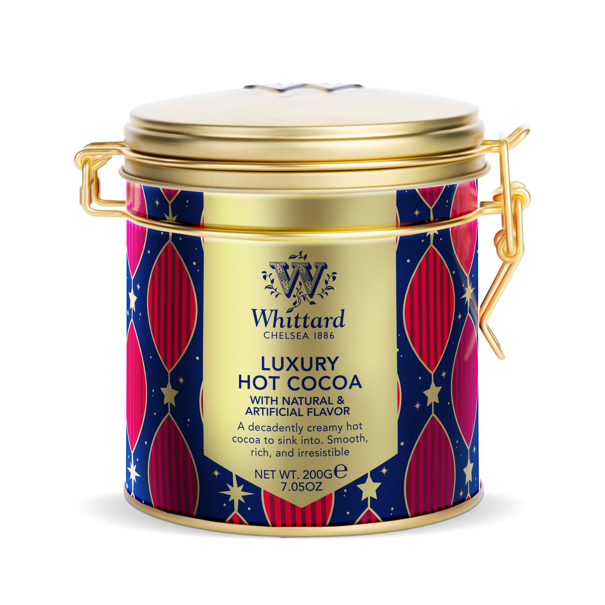 Whittard luxury hot cocoa tin with gold lid and decorative label on a white background