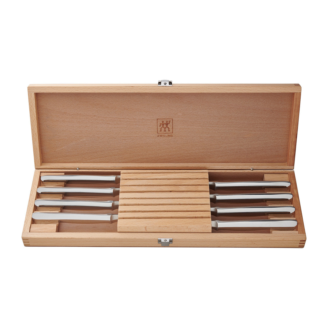 ZWILLING 8-pc stainless steel steak knife set displayed in a wooden presentation case.