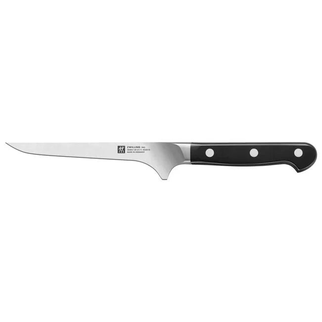 ZWILLING Pro 5.5-inch Flexible Boning Knife with a black handle and a silver-colored blade.