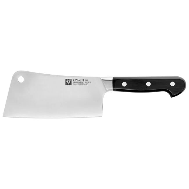 A ZWILLING Pro 6-inch meat cleaver with a stainless steel blade and black handle.
