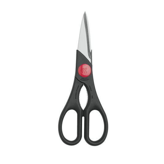 A pair of ZWILLING TWIN kitchen shears with black handles and stainless steel blades.