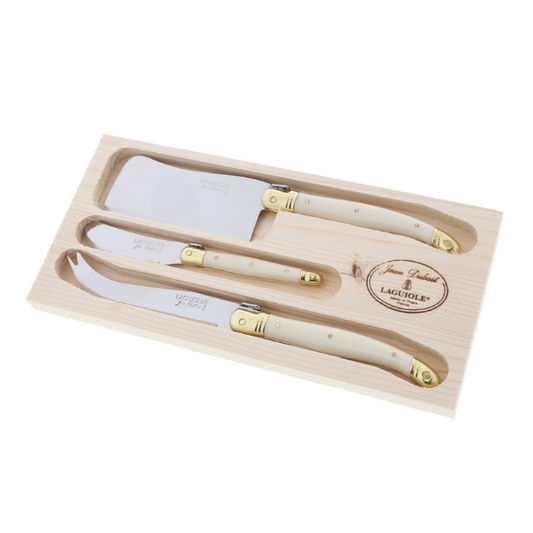 Jean Dubost 3 Piece Cheese Set in Ivory and Brass w/ Cleaver