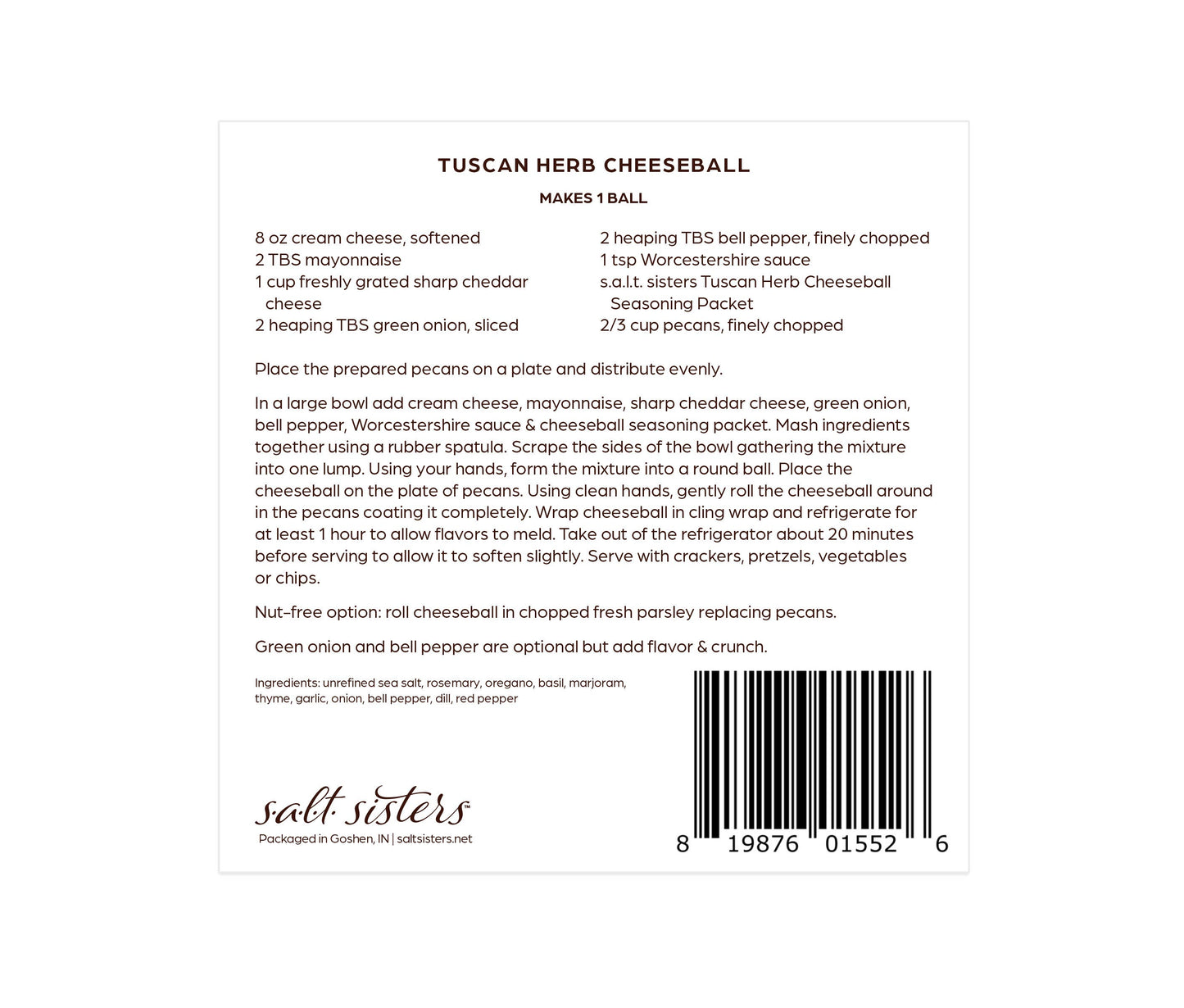 Salt Sisters Cheeseball Spice Mix - Tuscan Herb