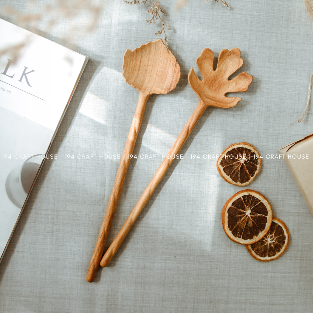 Hand Carved Leaf Shaped Wooden Spoon 10" - Serving Spoon