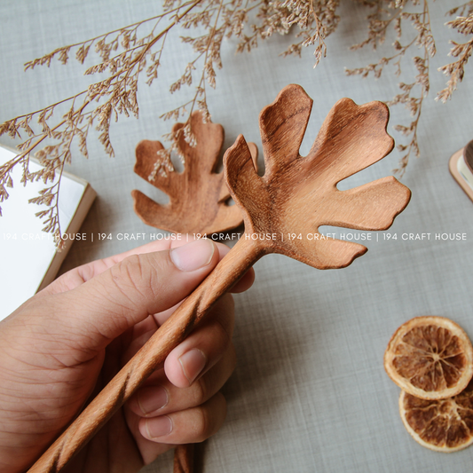 Hand Carved Leaf Shaped Wooden Spoon 10" - Serving Spoon