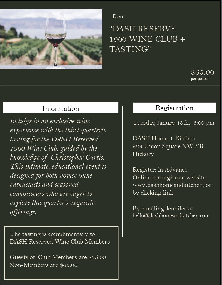 DASH Reserved Wine Tasting, Tuesday, January 13th, 2026, 6:00 pm